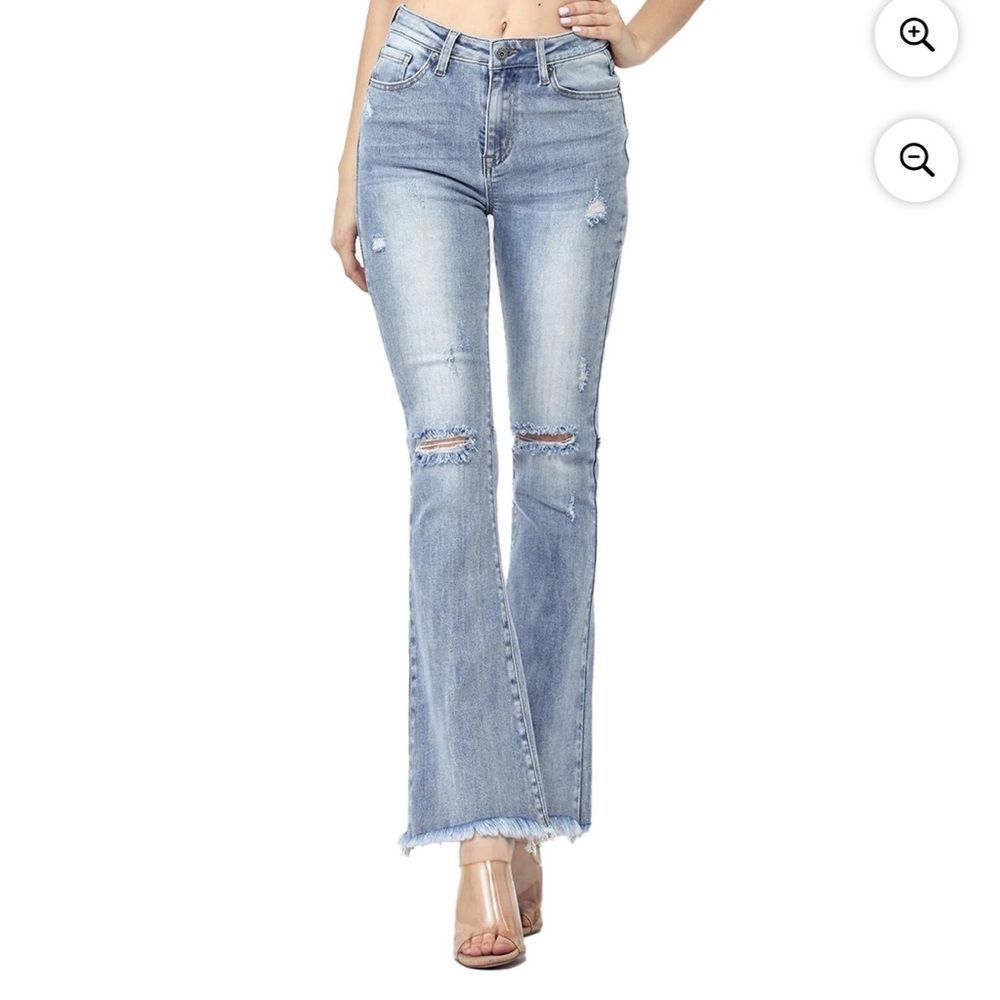 Light Wash cropped High-Rise Flare Jeans with Knee Distress